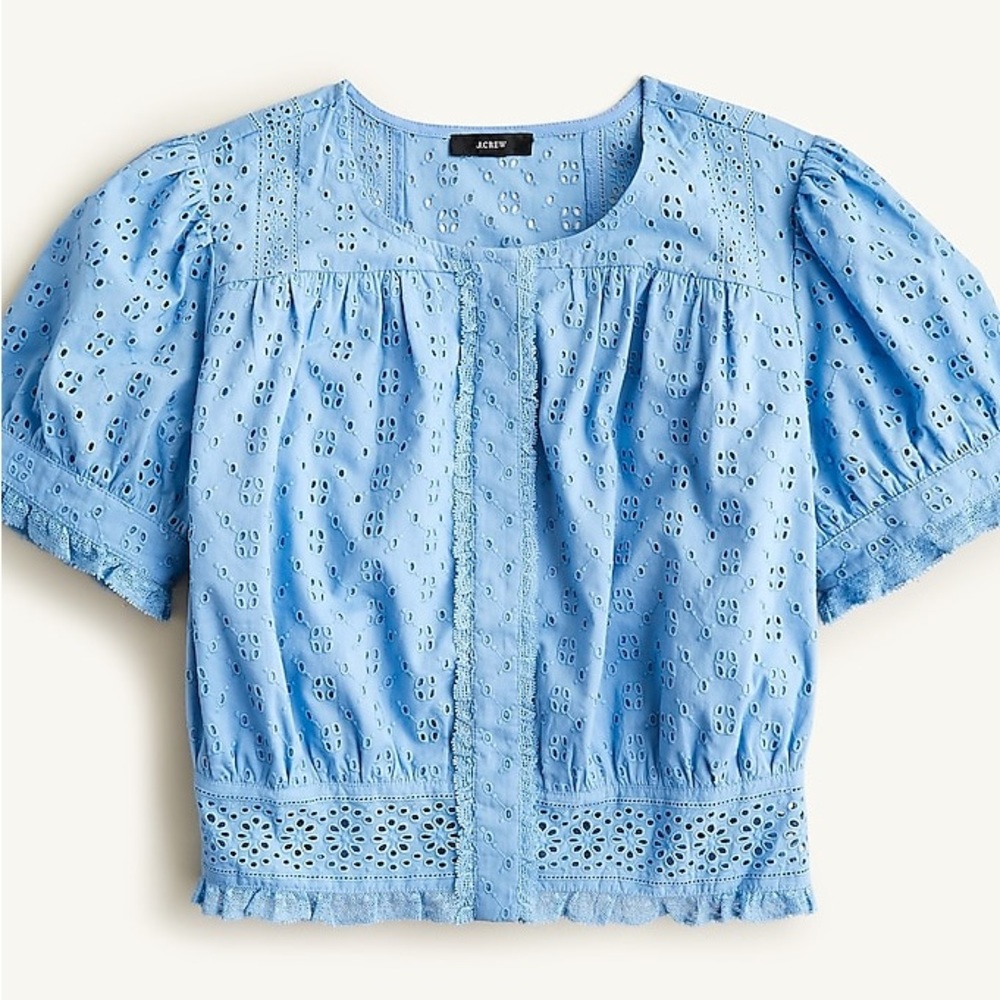 J. Crew Button Front Cropped Eyelet Top Blouse Hydrangea Blue size Medium - Picture 2 of 15